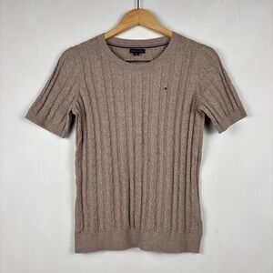 Tommy Hilfiger Taupe Beige Cable Knit Short Sleeve Shirt M Preppy Academia